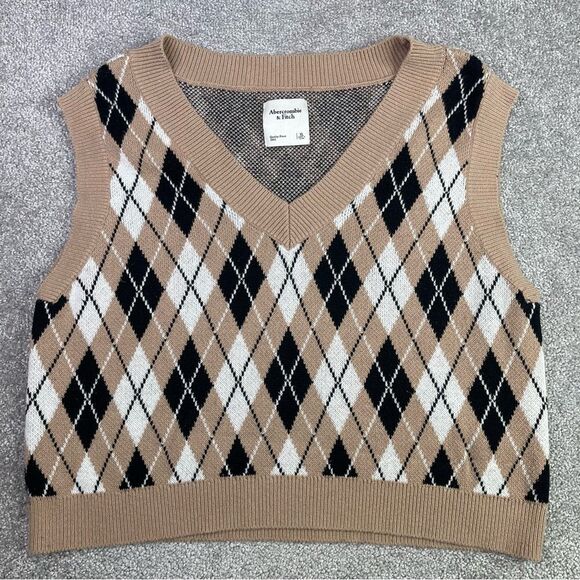Abercrombie & Fitch Sweater Vest Women's XL Tan Argyle V-Neck Sleeveless Autumn - Picture 1 of 7